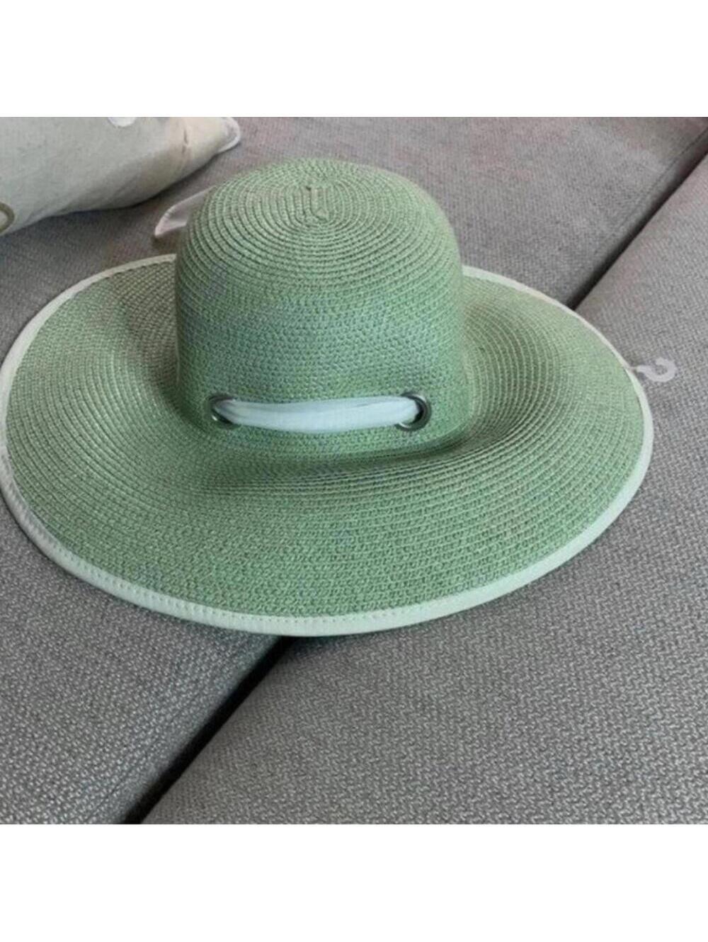 Sun n sand mint green floppy hat white ribbon adjustable inner strap beach pool